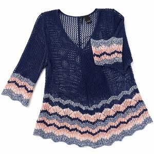 Navy Pink Crochet Knit Sweater Beach Cover Up Boho V-Neck Lightweight size L